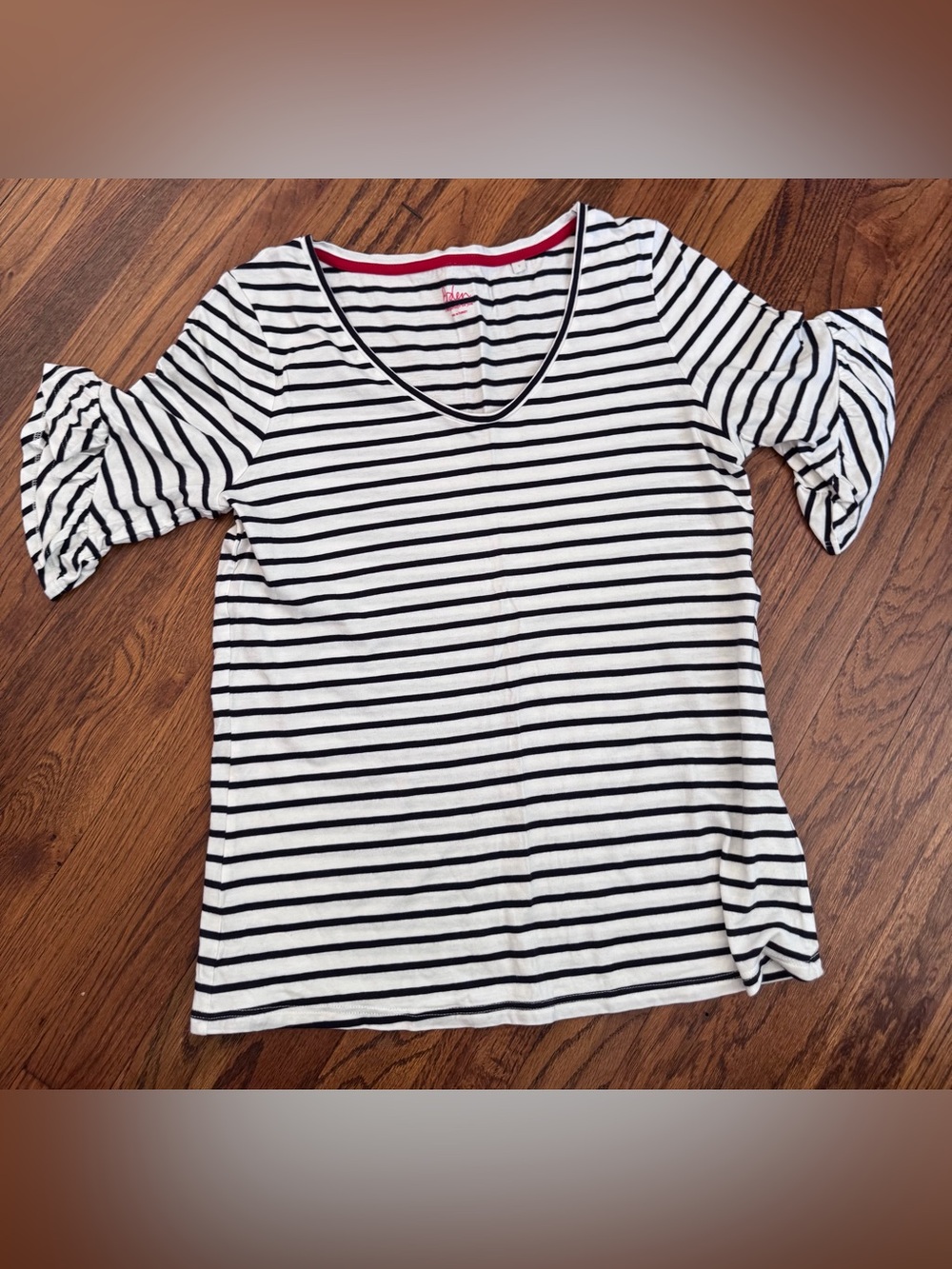 * Boden Striped Tee in White, Black and Red Trim